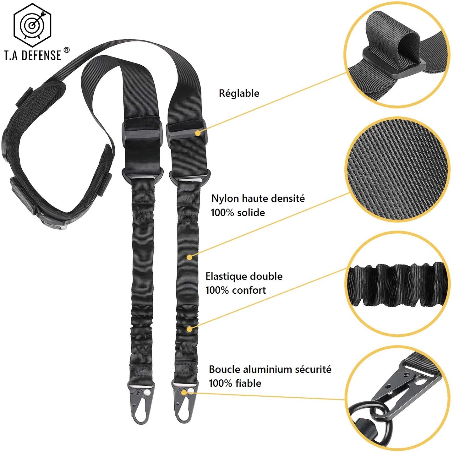 Sangle tactique deux points TA Defense® Elastroop™ Noire-T.A DEFENSE