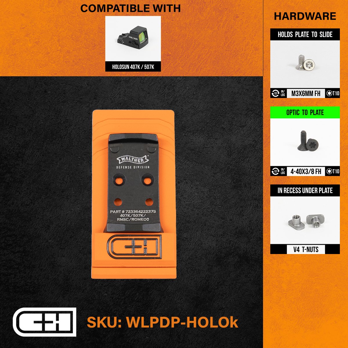 Plaquette adaptatrice Walter PDP Holosun 407K 507C 508K - CH Precision-T.A DEFENSE
