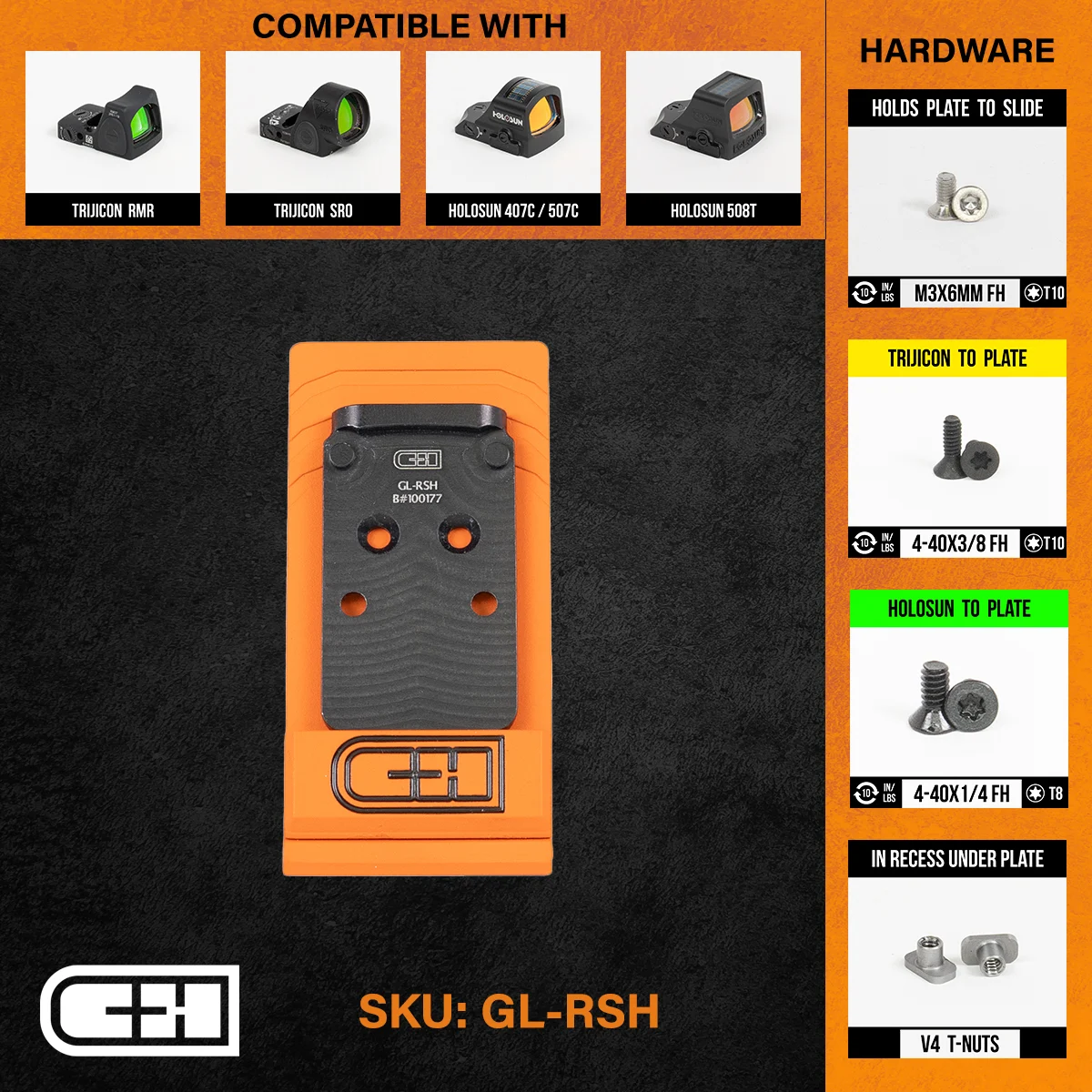 Plaquette adaptatrice Glock C&H Precision V4 MOS GLOCK Trijicon RMR / SRO / Holosun 407, 507, 508-T.A DEFENSE