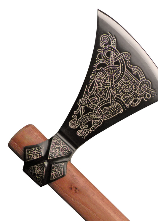 Hache de combat barbu Viking avec manche en acajou avec runes