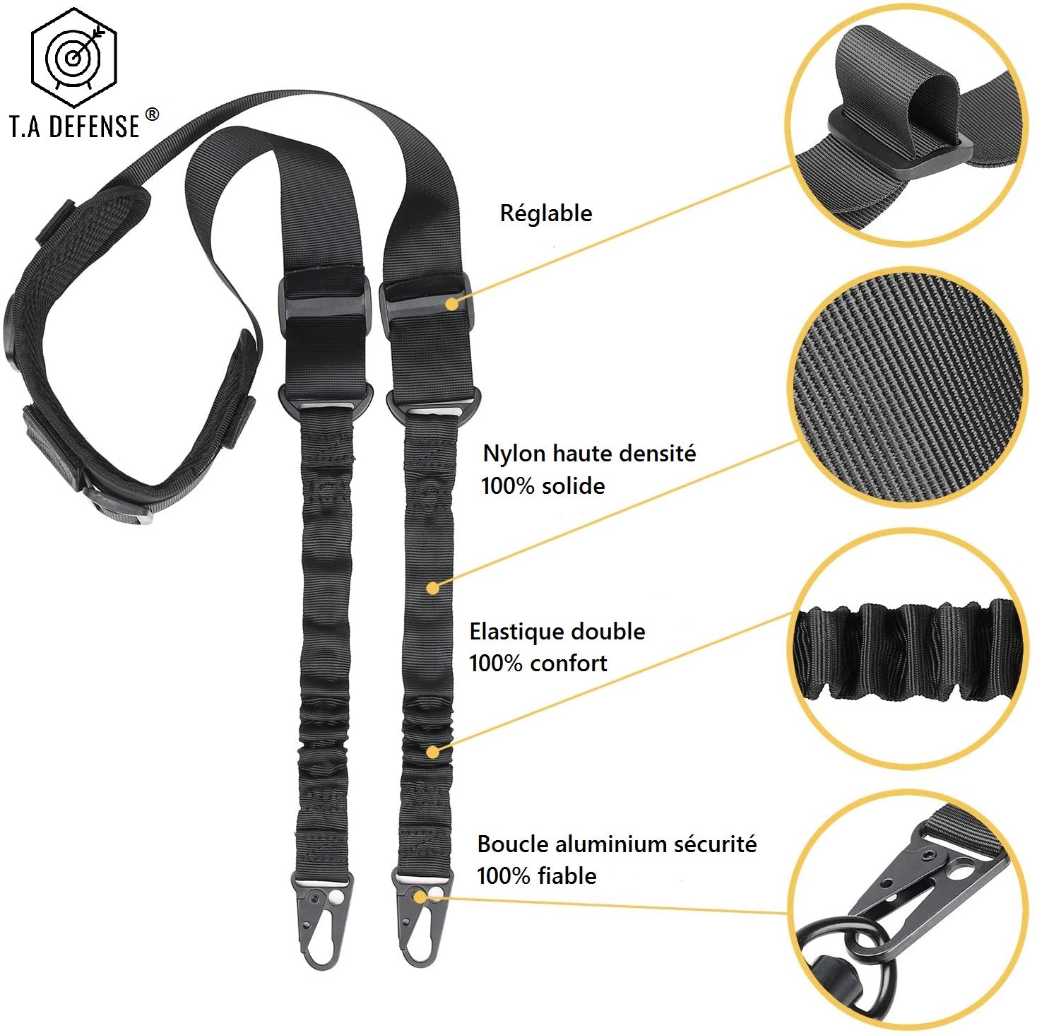 Sangle tactique deux points TA Defense® Elastroop™ Noire-T.A DEFENSE