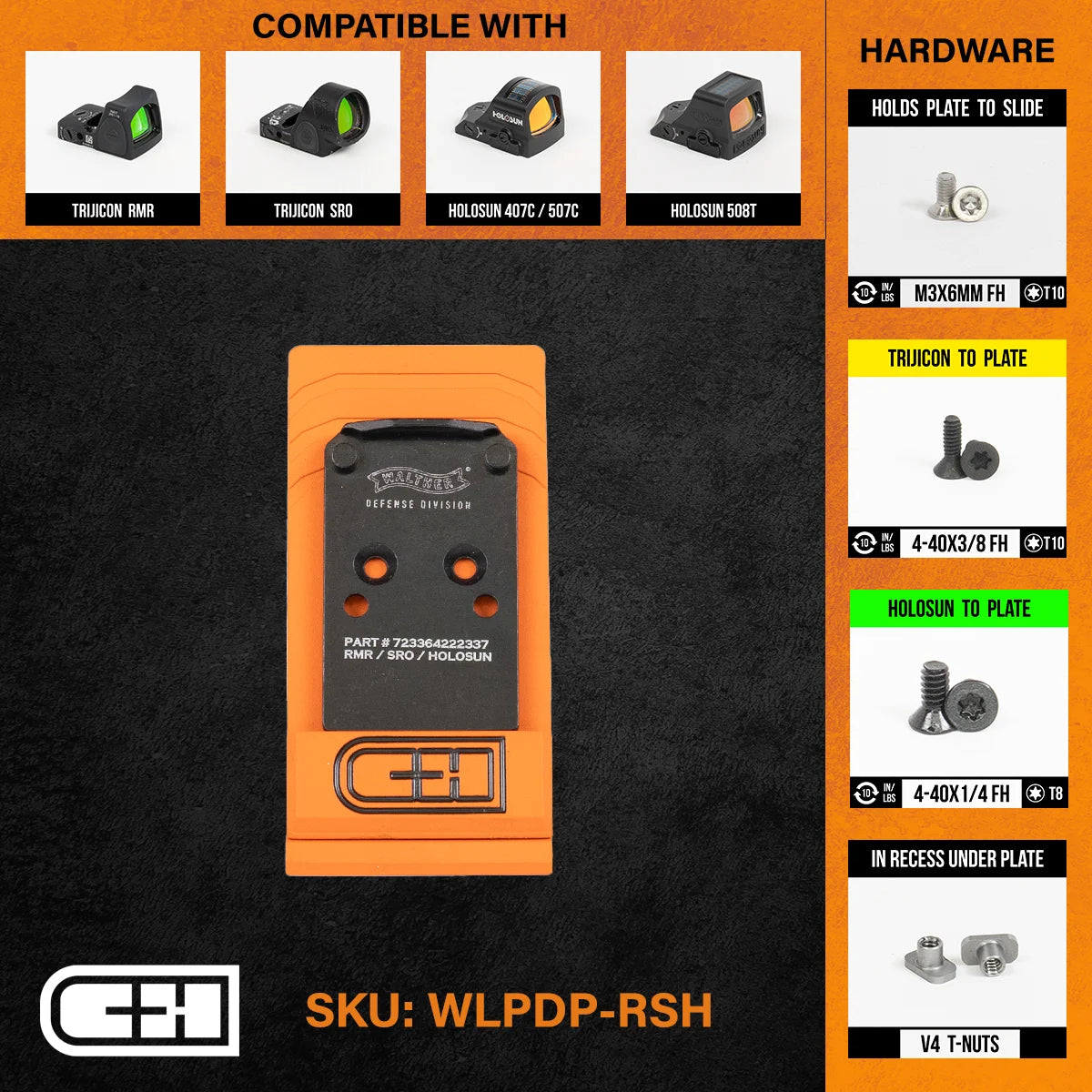 Plaquette adaptatrice Walter PDP Holosun 407C 507C 508T Trijicon RMR - CH Precision-T.A DEFENSE